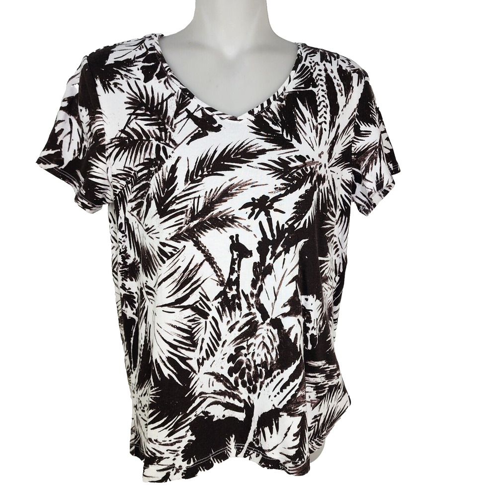 Chico's T Shirt Top Womens Size 1 Small Black White Exotic Palm Print Tropical